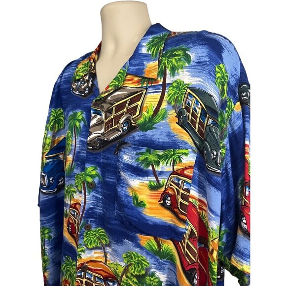 Blue Vintage All Over Print Hawaiian Floral Button Shirt 2XL Pocket Classic Cars - Picture 5 of 10